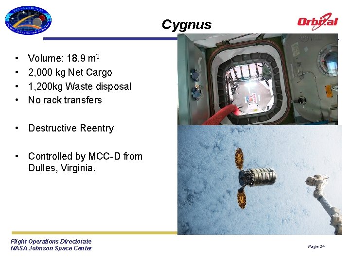 Cygnus Flight Integration Division • • Volume: 18. 9 m 3 2, 000 kg