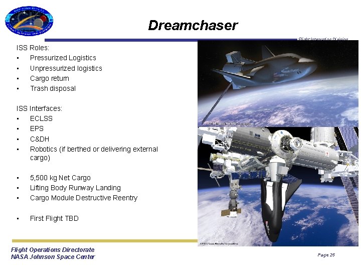 Dreamchaser Flight Integration Division ISS Roles: • Pressurized Logistics • Unpressurized logistics • Cargo