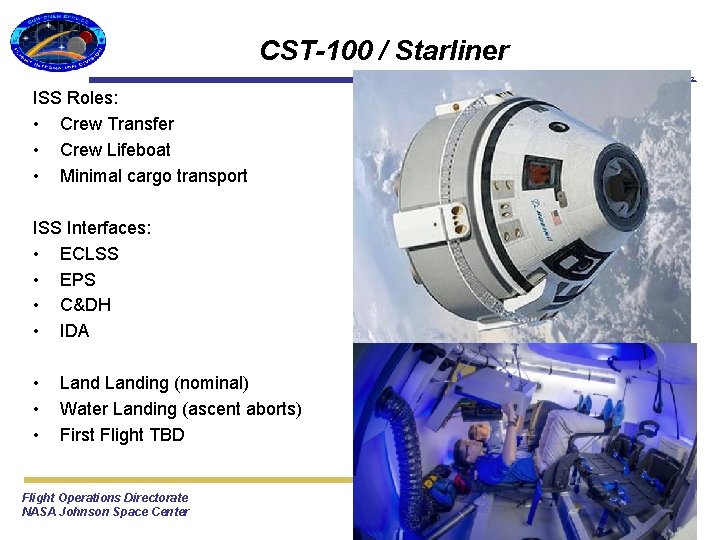 CST-100 / Starliner Flight Integration Division ISS Roles: • Crew Transfer • Crew Lifeboat