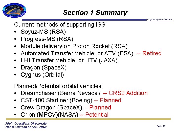 Section 1 Summary Flight Integration Division Current methods of supporting ISS: • Soyuz-MS (RSA)