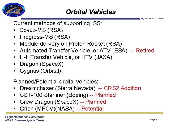 Orbital Vehicles Flight Integration Division Current methods of supporting ISS: • Soyuz-MS (RSA) •