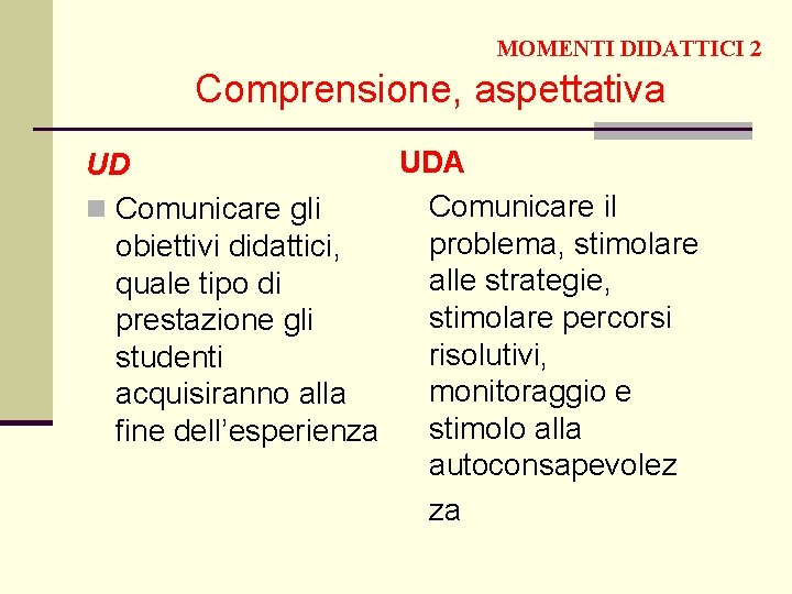 MOMENTI DIDATTICI 2 Comprensione, aspettativa UDA UD Comunicare il n Comunicare gli problema, stimolare