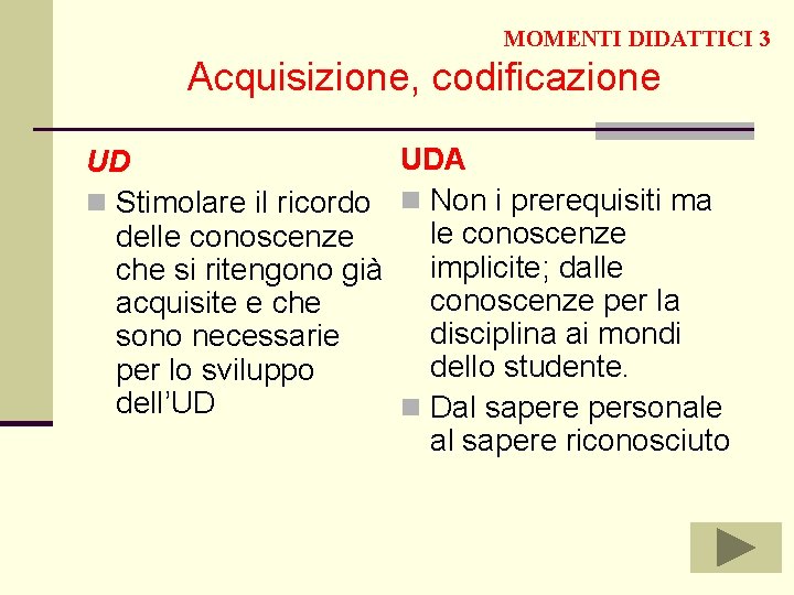 MOMENTI DIDATTICI 3 Acquisizione, codificazione UDA UD n Stimolare il ricordo n Non i