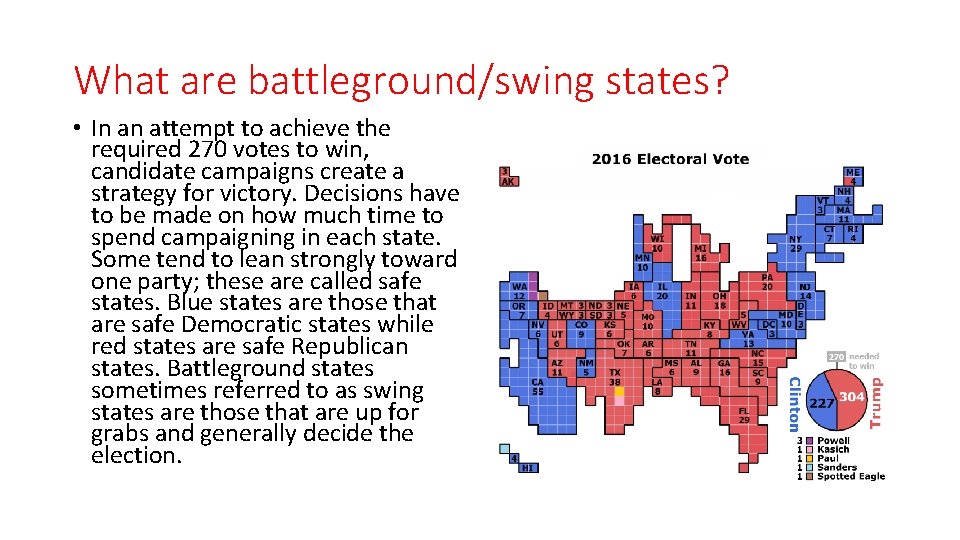 What are battleground/swing states? • In an attempt to achieve the required 270 votes