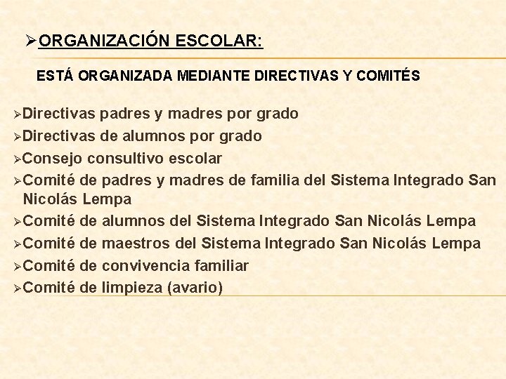 ØORGANIZACIÓN ESCOLAR: ESTÁ ORGANIZADA MEDIANTE DIRECTIVAS Y COMITÉS ØDirectivas padres y madres por grado