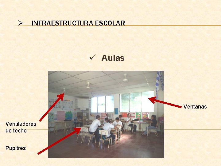 Ø INFRAESTRUCTURA ESCOLAR ü Aulas Ventanas Ventiladores de techo Pupitres 