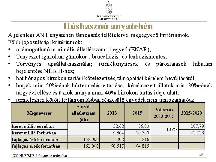 Húshasznú anyatehén A jelenlegi ÁNT anyatehén támogatás feltételeivel megegyező kritériumok. Főbb jogosultsági kritériumok: •