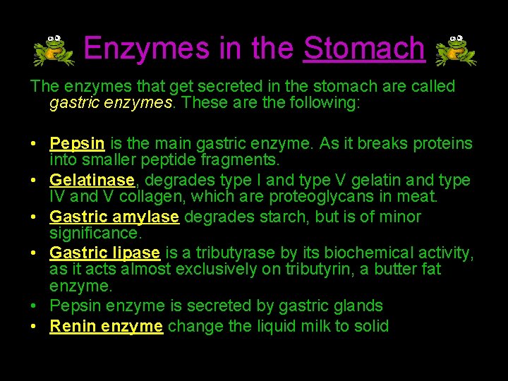 Enzymes in the Stomach The enzymes that get secreted in the stomach are called