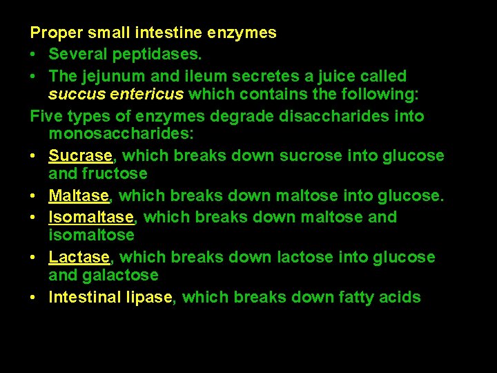 Proper small intestine enzymes • Several peptidases. • The jejunum and ileum secretes a