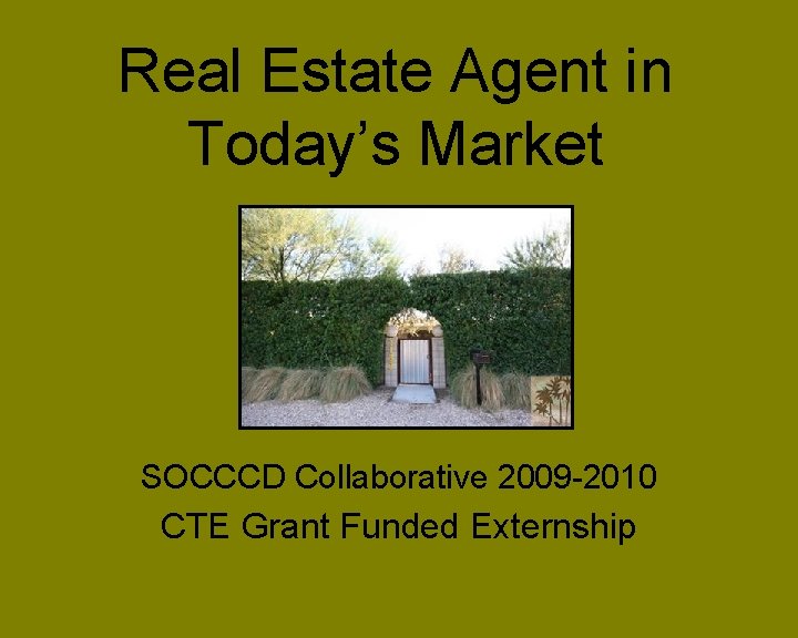 Real Estate Agent in Today’s Market SOCCCD Collaborative 2009 -2010 CTE Grant Funded Externship