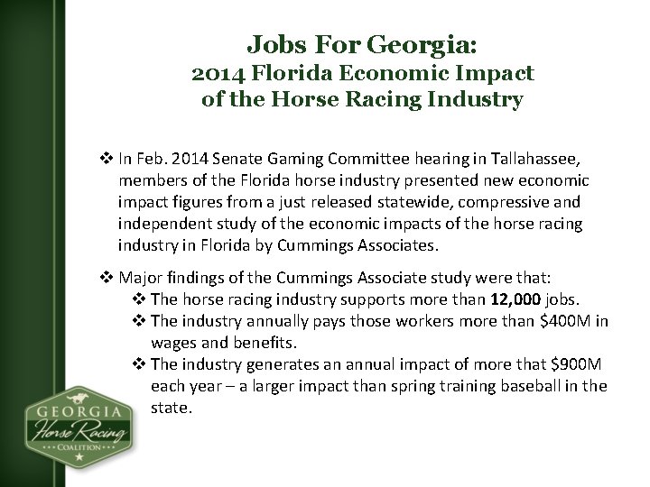 Jobs For Georgia: 2014 Florida Economic Impact of the Horse Racing Industry v In