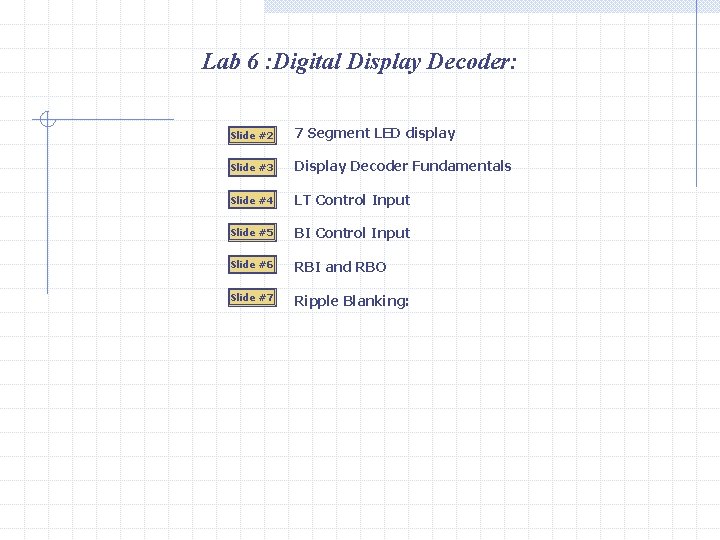 Lab 6 : Digital Display Decoder: Slide #2 7 Segment LED display Slide #3