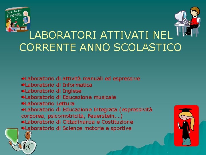 LABORATORI ATTIVATI NEL CORRENTE ANNO SCOLASTICO Laboratorio di attività manuali ed espressive Laboratorio di