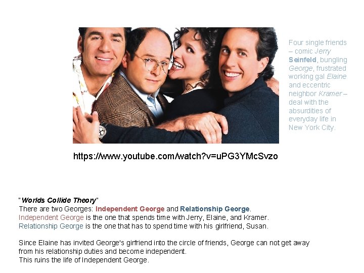Four single friends – comic Jerry Seinfeld, bungling George, frustrated working gal Elaine and
