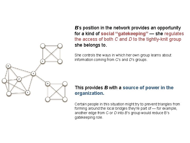B’s position in the network provides an opportunity for a kind of social “gatekeeping”