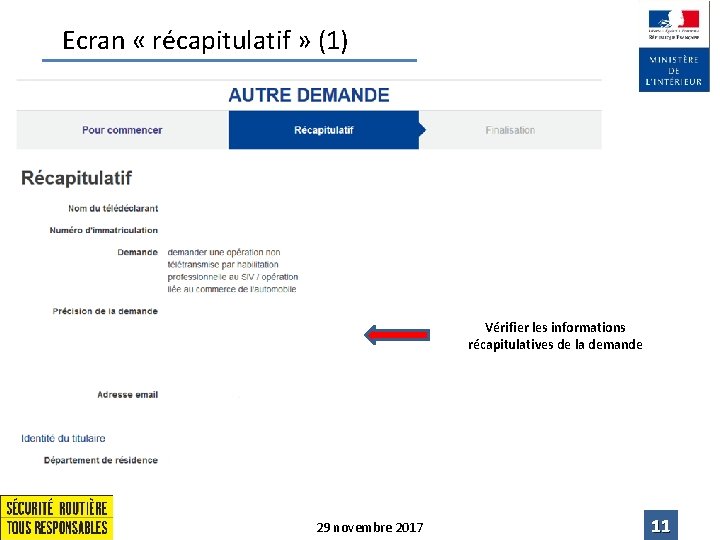 Ecran « récapitulatif » (1) Vérifier les informations récapitulatives de la demande 29 novembre Ecran « récapitulatif » (1) Vérifier les informations récapitulatives de la demande 29 novembre