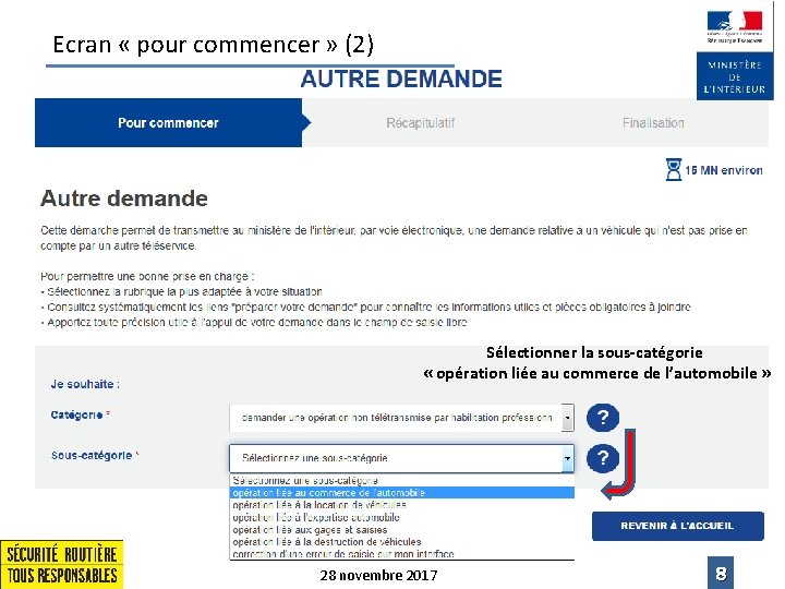 Ecran « pour commencer » (2) Sélectionner la sous-catégorie « opération liée au commerce Ecran « pour commencer » (2) Sélectionner la sous-catégorie « opération liée au commerce
