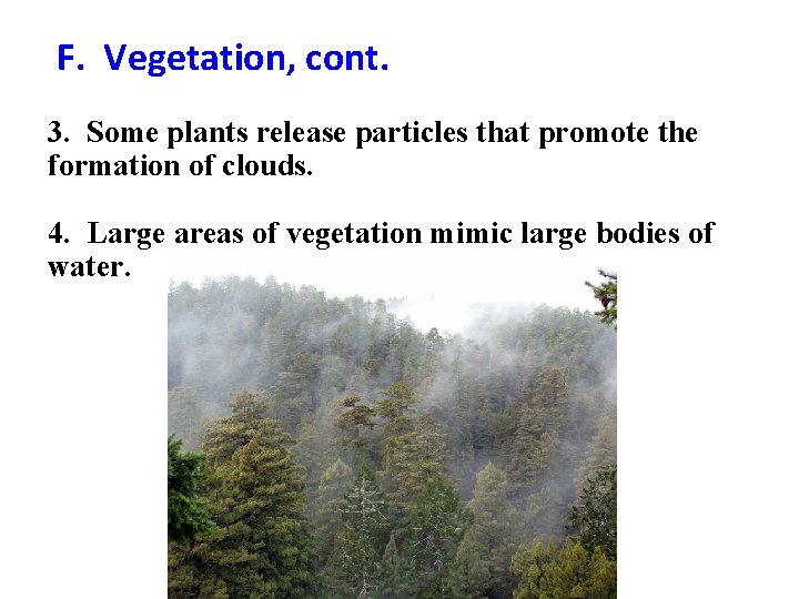 F. Vegetation, cont. 3. Some plants release particles that promote the formation of clouds.