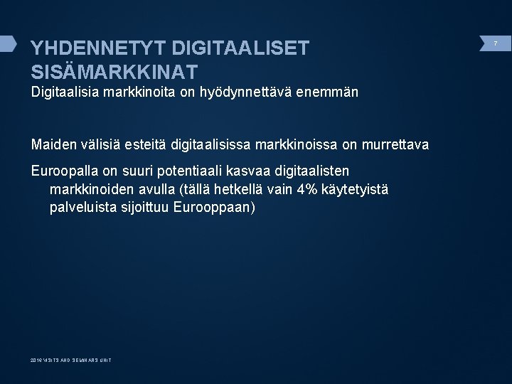 YHDENNETYT DIGITAALISET SISÄMARKKINAT Digitaalisia markkinoita on hyödynnettävä enemmän Maiden välisiä esteitä digitaalisissa markkinoissa on