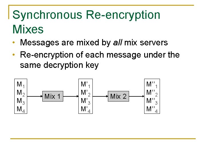 Synchronous Re-encryption Mixes • Messages are mixed by all mix servers • Re-encryption of