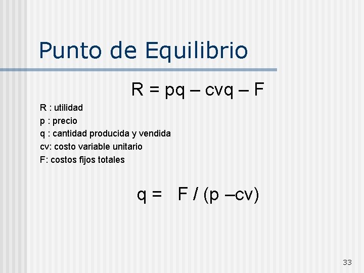 Punto de Equilibrio R = pq – cvq – F R : utilidad p