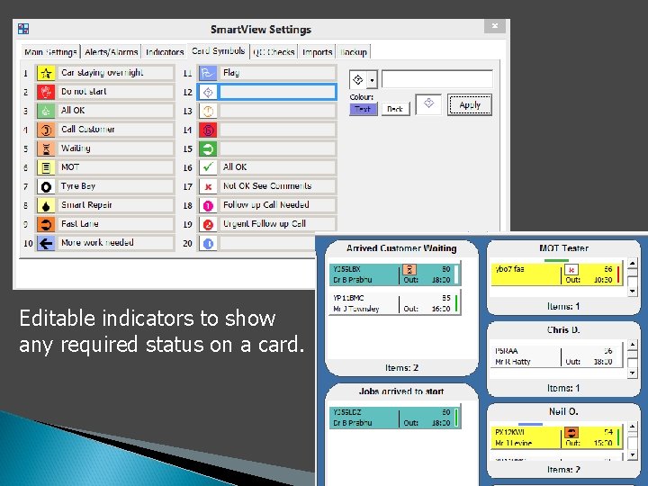 Editable indicators to show any required status on a card. 