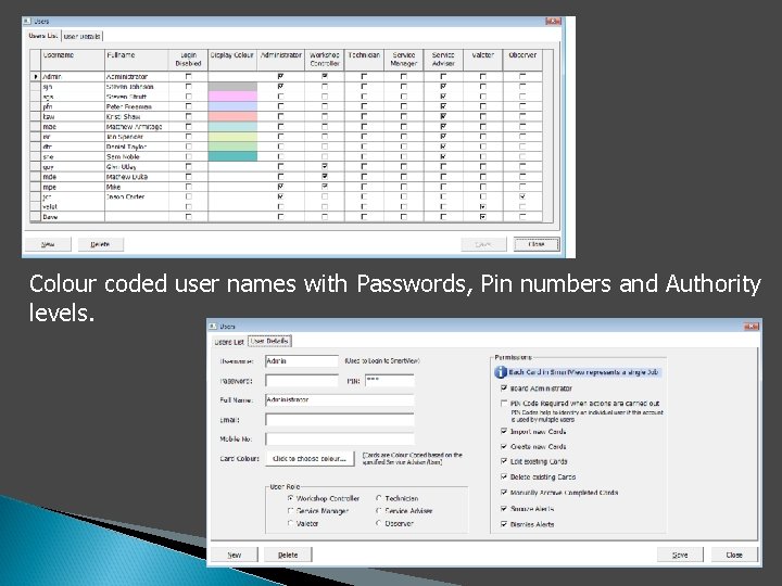 Colour coded user names with Passwords, Pin numbers and Authority levels. 