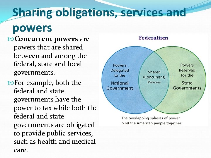 Sharing obligations, services and powers Concurrent powers are powers that are shared between and