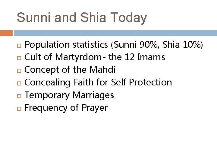 Sunni and Shia Today Population statistics (Sunni 90%, Shia 10%) Cult of Martyrdom- the