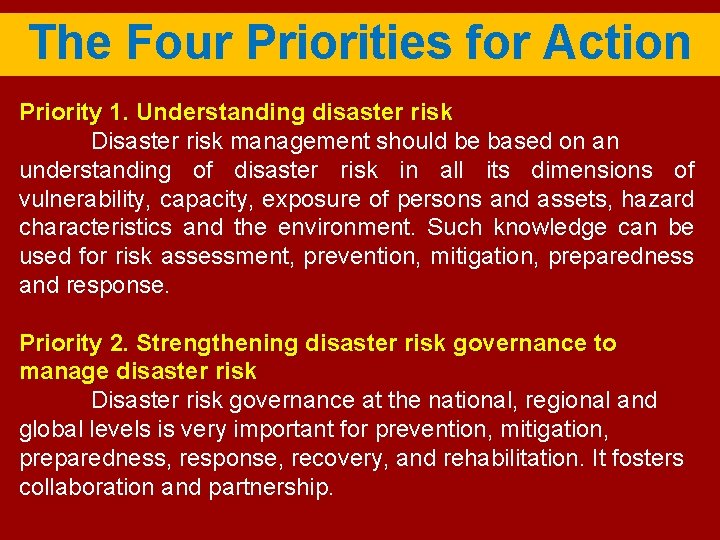 The Four Priorities for Action Priority 1. Understanding disaster risk Disaster risk management should