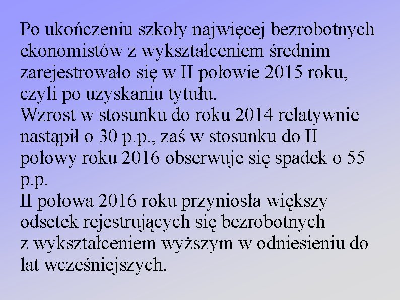 Po ukończeniu szkoły najwięcej bezrobotnych ekonomistów z wykształceniem średnim zarejestrowało się w II połowie