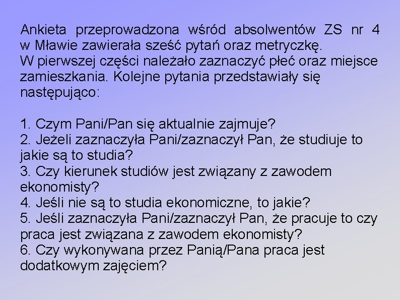 Ankieta przeprowadzona wśród absolwentów ZS nr 4 w Mławie zawierała sześć pytań oraz metryczkę.