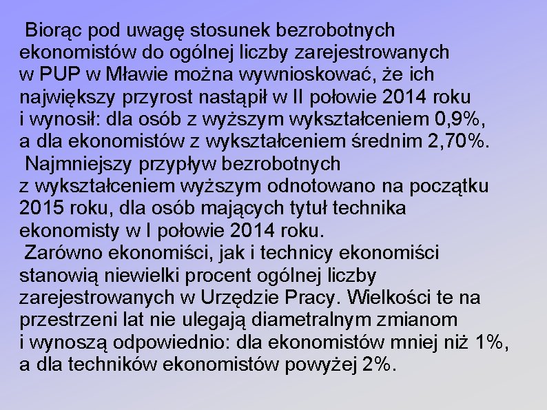 Biorąc pod uwagę stosunek bezrobotnych ekonomistów do ogólnej liczby zarejestrowanych w PUP w Mławie