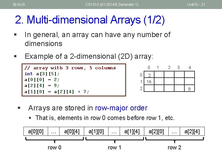 © NUS CS 1010 (AY 2014/5 Semester 1) Unit 10 - 21 2. Multi-dimensional