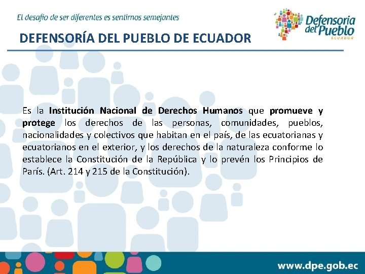 DEFENSORÍA DEL PUEBLO DE ECUADOR Es la Institución Nacional de Derechos Humanos que promueve