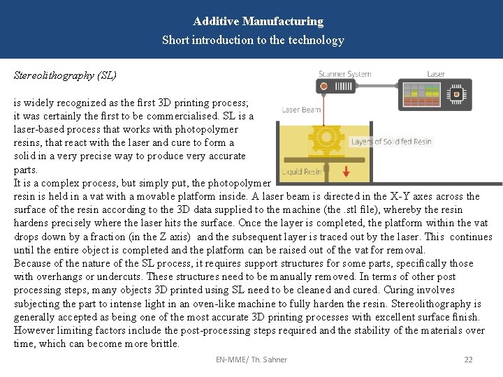 Additive Manufacturing Short introduction to the technology Stereolithography (SL) is widely recognized as the