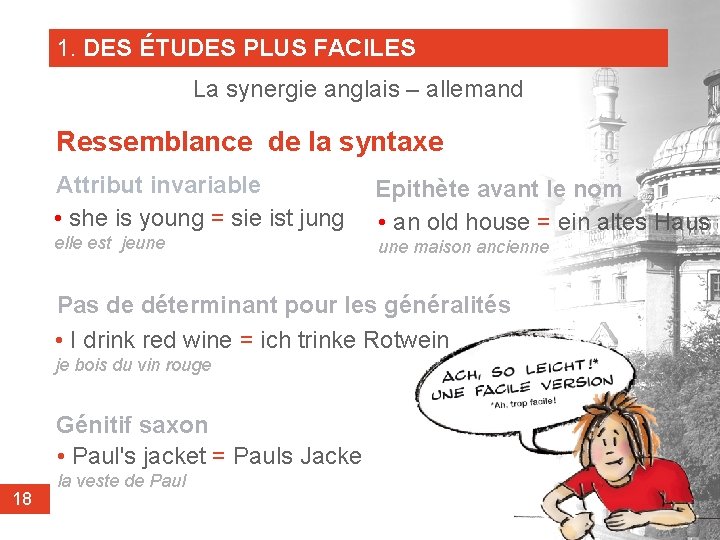 1. DES ÉTUDES PLUS FACILES La synergie anglais – allemand Ressemblance de la syntaxe