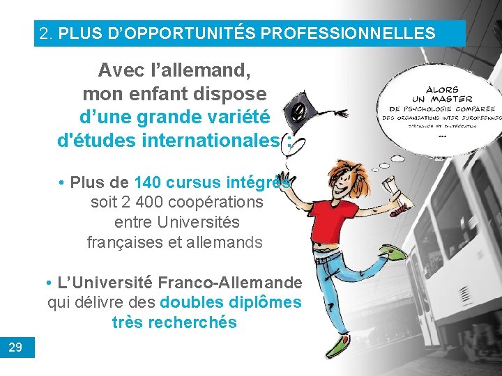 2. PLUS D’OPPORTUNITÉS PROFESSIONNELLES Avec l’allemand, mon enfant dispose d’une grande variété d'études internationales