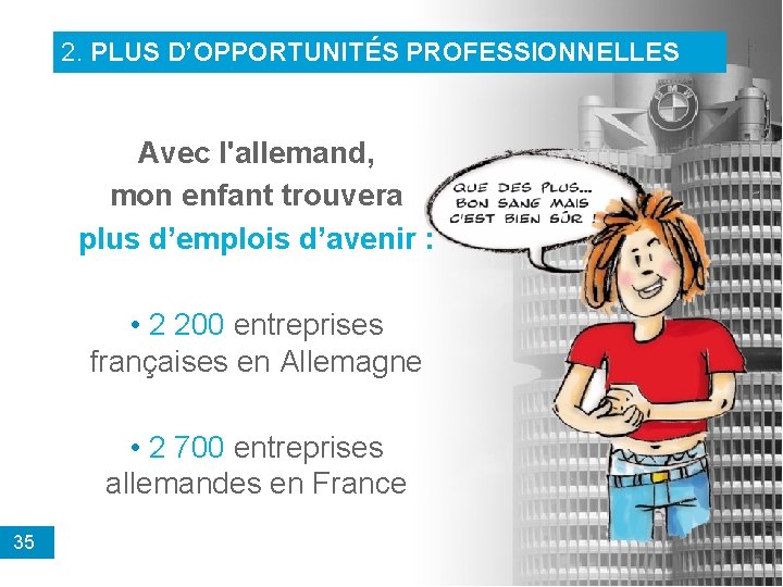 2. PLUS D’OPPORTUNITÉS PROFESSIONNELLES Avec l'allemand, mon enfant trouvera plus d’emplois d’avenir : •