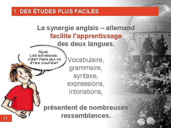 1. DES ÉTUDES PLUS FACILES La synergie anglais – allemand facilite l’apprentissage des deux