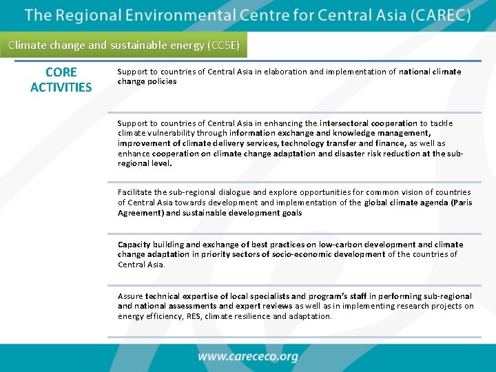  Climate change and sustainable energy (CCSE) CORE ACTIVITIES Support to countries of Central