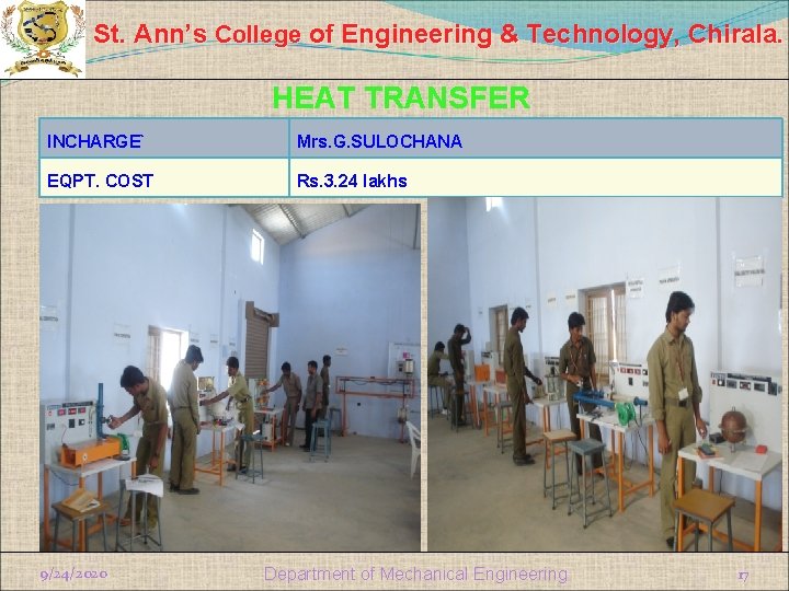 St. Ann’s College of Engineering & Technology, Chirala. HEAT TRANSFER INCHARGE` Mrs. G. SULOCHANA