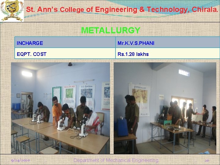 St. Ann’s College of Engineering & Technology, Chirala. METALLURGY INCHARGE Mr. K. V. S.