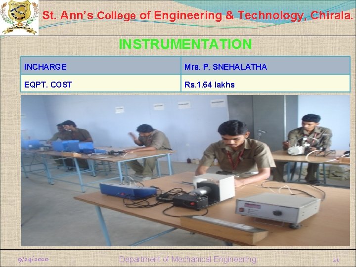 St. Ann’s College of Engineering & Technology, Chirala. INSTRUMENTATION INCHARGE Mrs. P. SNEHALATHA EQPT.