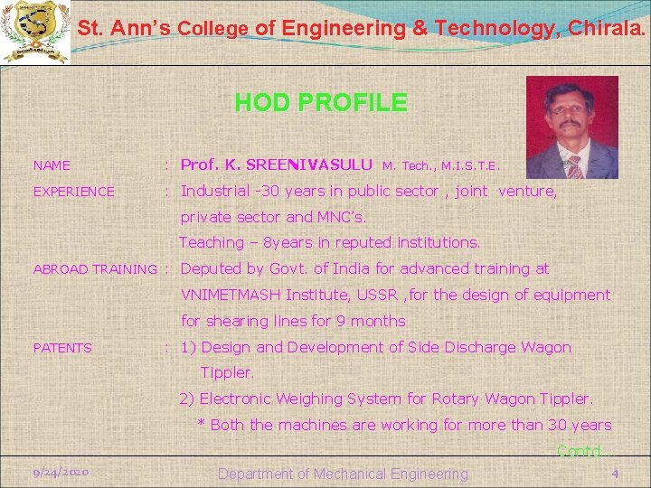 St. Ann’s College of Engineering & Technology, Chirala. HOD PROFILE NAME : Prof. K.