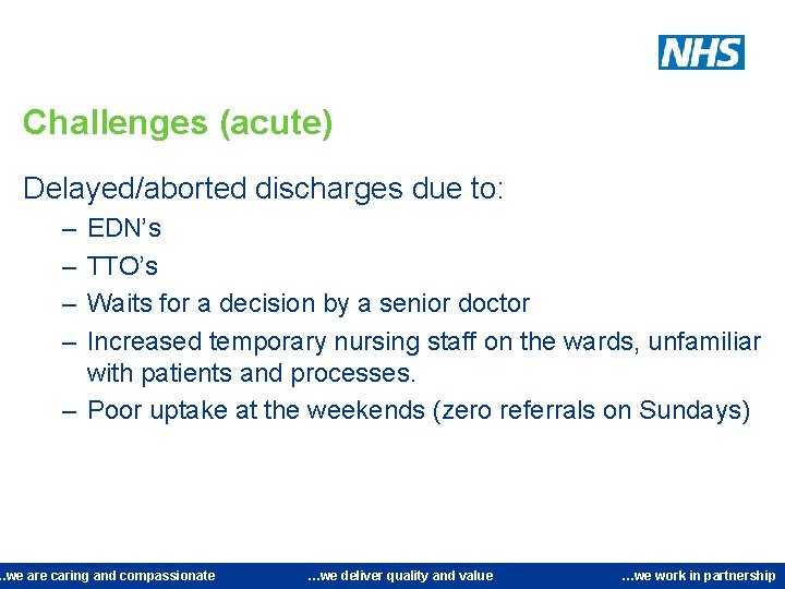 Challenges (acute) Delayed/aborted discharges due to: – – EDN’s TTO’s Waits for a decision