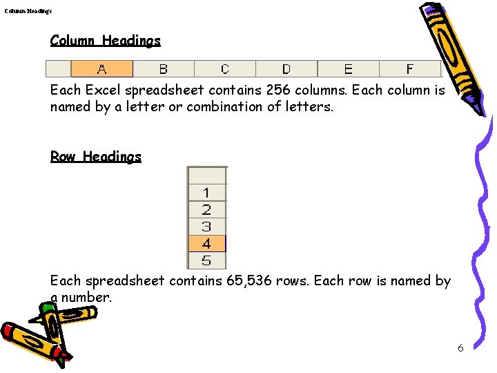 Column Headings Column Headings Each Excel spreadsheet contains 256 columns. Each column is named