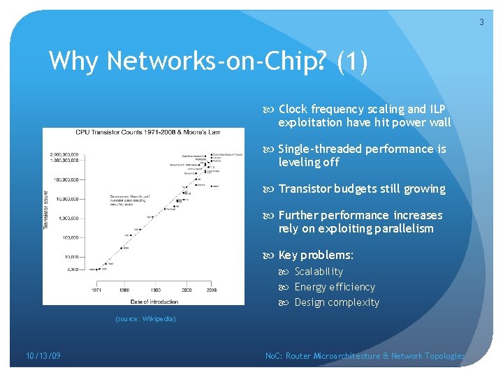 3 Why Networks-on-Chip? (1) Clock frequency scaling and ILP exploitation have hit power wall