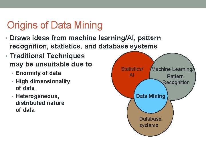 Origins of Data Mining • Draws ideas from machine learning/AI, pattern recognition, statistics, and