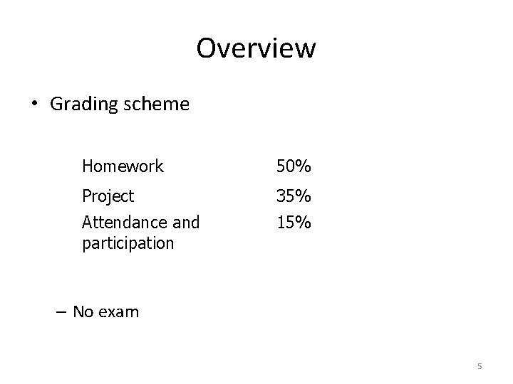 Overview • Grading scheme Homework 50% Project 35% Attendance and participation 15% – No